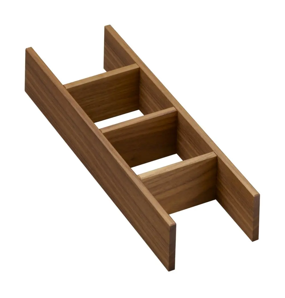 Schubkasteninnenteilung aus Holz, in dunkler Nussbaumoptik, mit drei Fächern zur besseren Organisation. Modell von Hansgrohe.